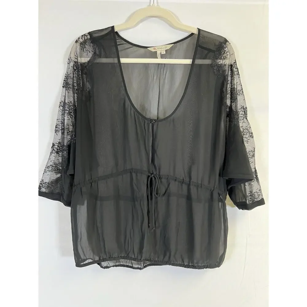 VTG BCBG Max AZRIA Sheer black blouse Size M lace cut out trim Wimsigoth - Picture 1 of 9